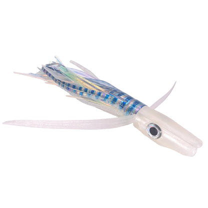 Evolution Lures Mahi Smoker 7" fishing lure with a white head, blue and silver flash skirt, and clear tentacles.