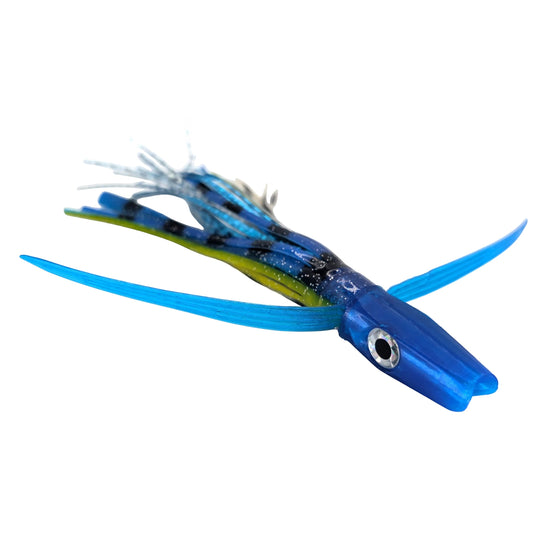 Evolution Lures Mahi Smoker 7" fishing lure with blue head, blue and yellow skirt, and blue wings.
