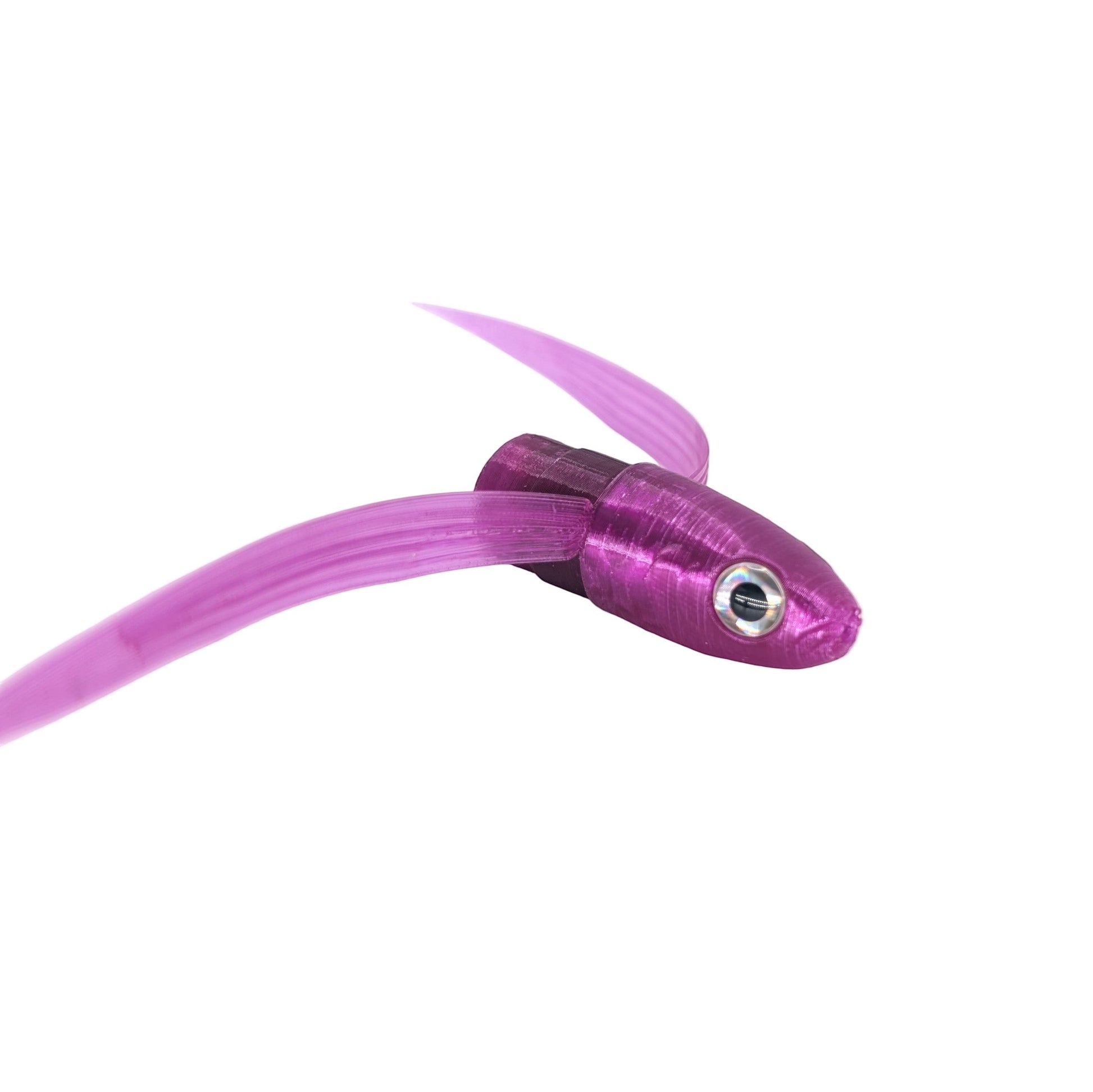 Evolution Lures Mahi Magnet S2 Winged Heads fishing lure, metallic purple with holographic wings and 3D eyes.